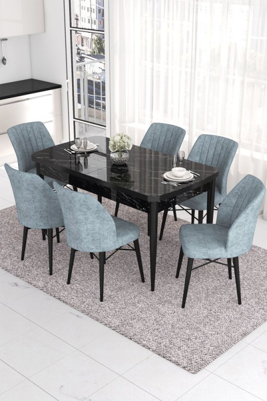 Extendable Dining Table & Chairs Set (7 Pieces) Eva - Black Marble, Grey