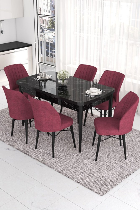Extendable Dining Table & Chairs Set (7 Pieces) Eva - Black Marble, Burgundy