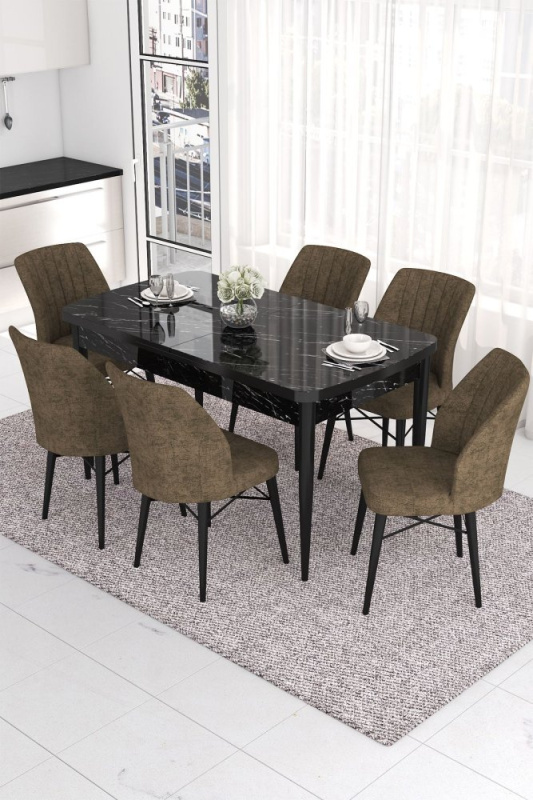 Extendable Dining Table & Chairs Set (7 Pieces) Eva - Black Marble, Brown