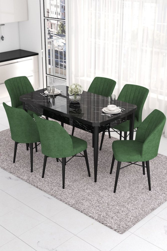 Extendable Dining Table & Chairs Set (7 Pieces) Eva - Black Marble, Khaki