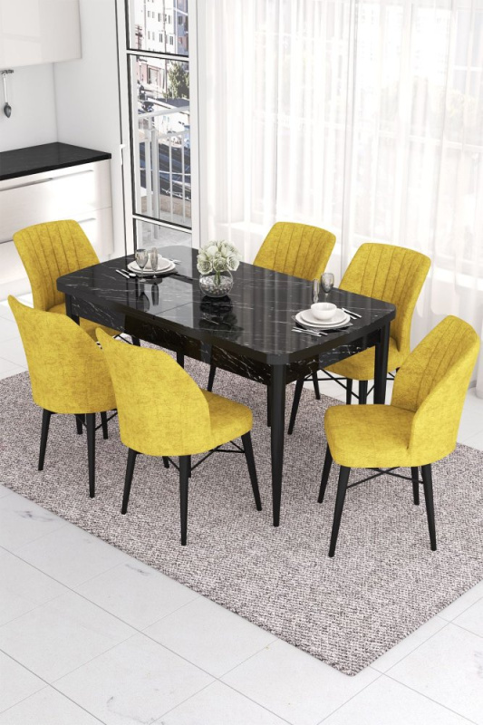 Extendable Dining Table & Chairs Set (7 Pieces) Eva - Black Marble, Mustard