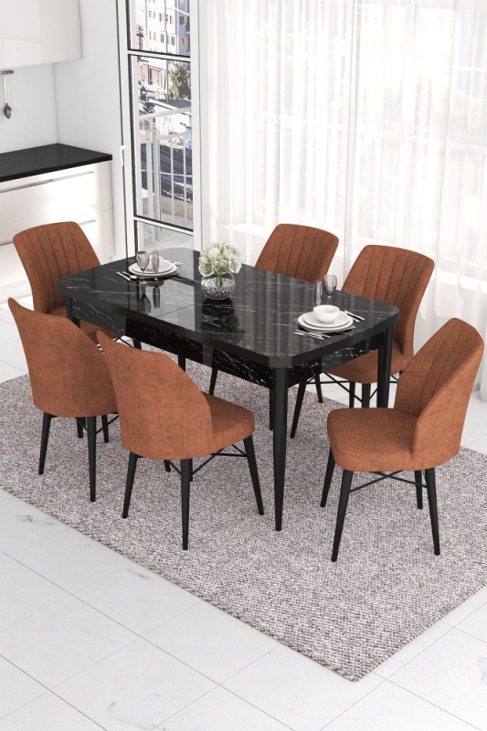 Extendable Dining Table & Chairs Set (7 Pieces) Eva - Black Marble, Tile Red
