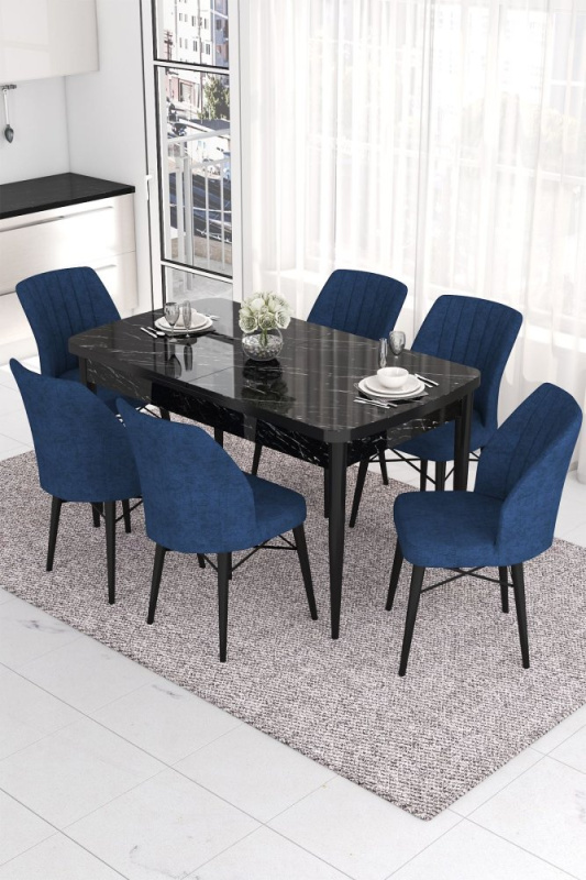 Extendable Dining Table & Chairs Set (7 Pieces) Eva - Black Marble, Navy Blue