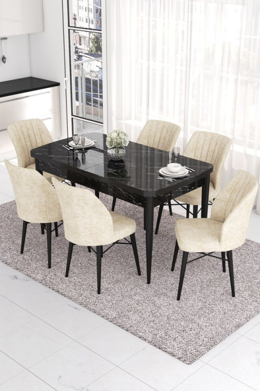 Extendable Dining Table & Chairs Set (7 Pieces) Eva - Black Marble, Cream