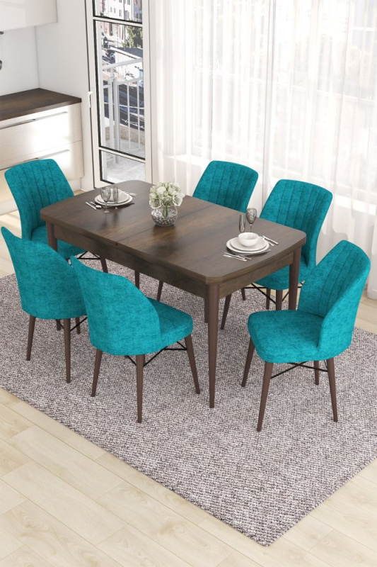 Extendable Dining Table & Chairs Set (7 Pieces) Eva - Baroque, Turquoise
