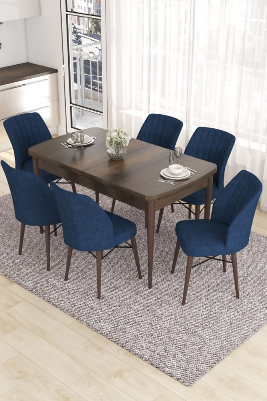 Extendable Dining Table & Chairs Set (7 Pieces) Eva - Baroque, Navy Blue