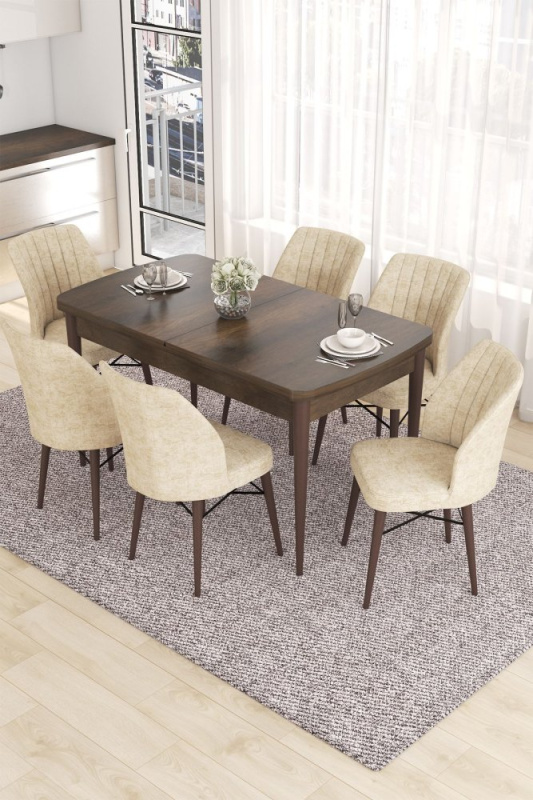 Extendable Dining Table & Chairs Set (7 Pieces) Eva - Baroque, Cream