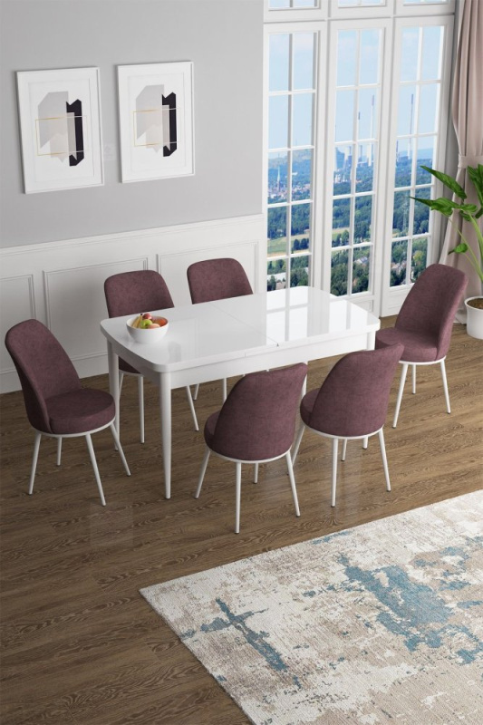 Extendable Dining Table & Chairs Set (7 Pieces) Han - White, Dusty Rose
