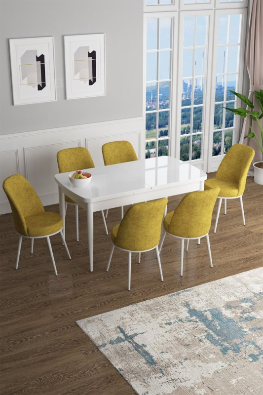 Extendable Dining Table & Chairs Set (7 Pieces) Han - White, Mustard