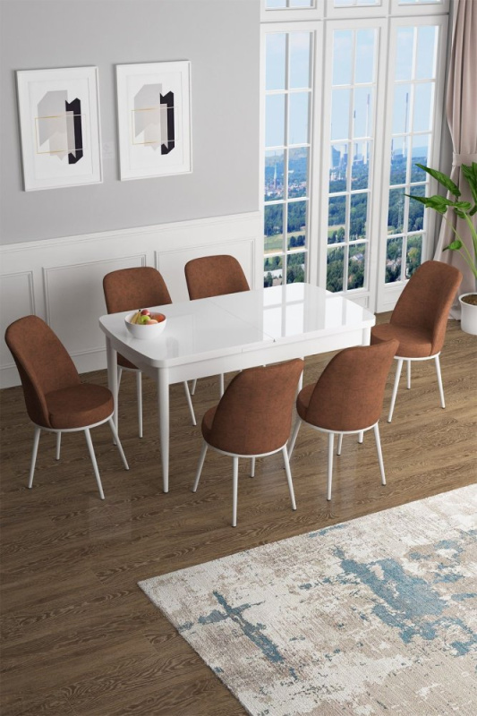 Extendable Dining Table & Chairs Set (7 Pieces) Han - White, Tile Red
