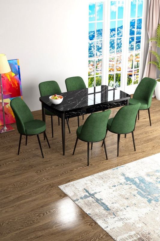 Extendable Dining Table & Chairs Set (7 Pieces) Han - Black Marble, Khaki