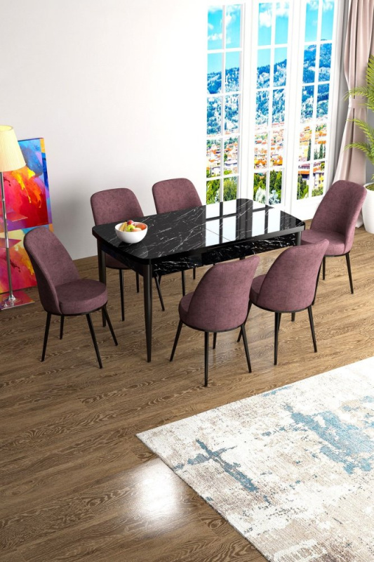 Extendable Dining Table & Chairs Set (7 Pieces) Han - Black Marble, Dusty Rose