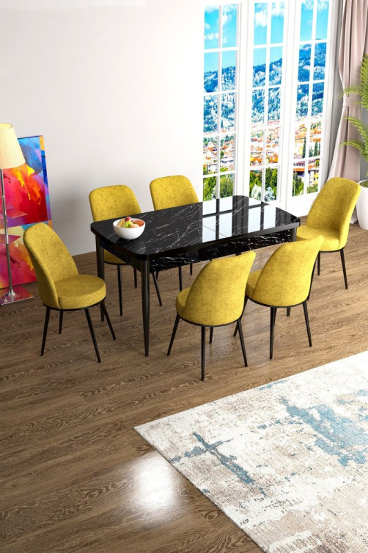 Extendable Dining Table & Chairs Set (7 Pieces) Han - Black Marble, Mustard