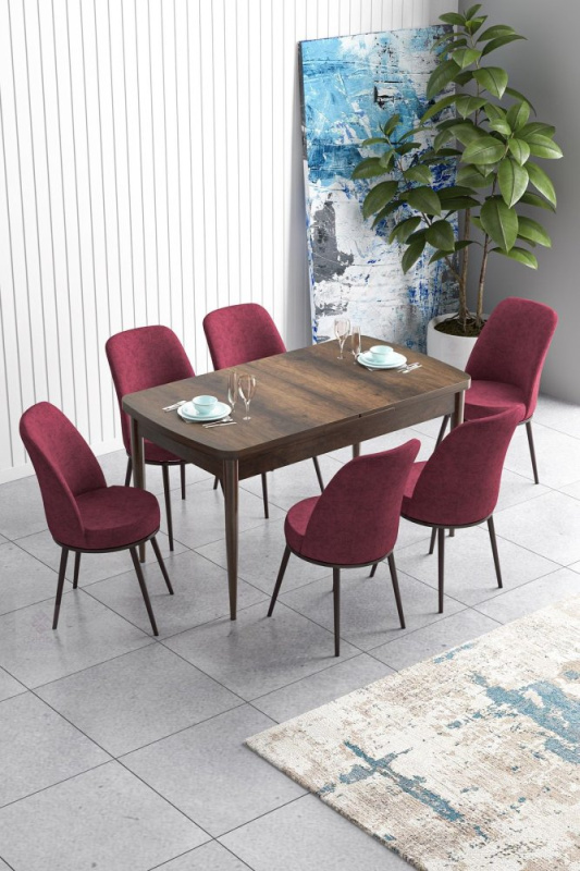 Extendable Dining Table & Chairs Set (7 Pieces) Han - Baroque, Burgundy