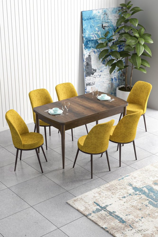 Extendable Dining Table & Chairs Set (7 Pieces) Han - Baroque, Mustard
