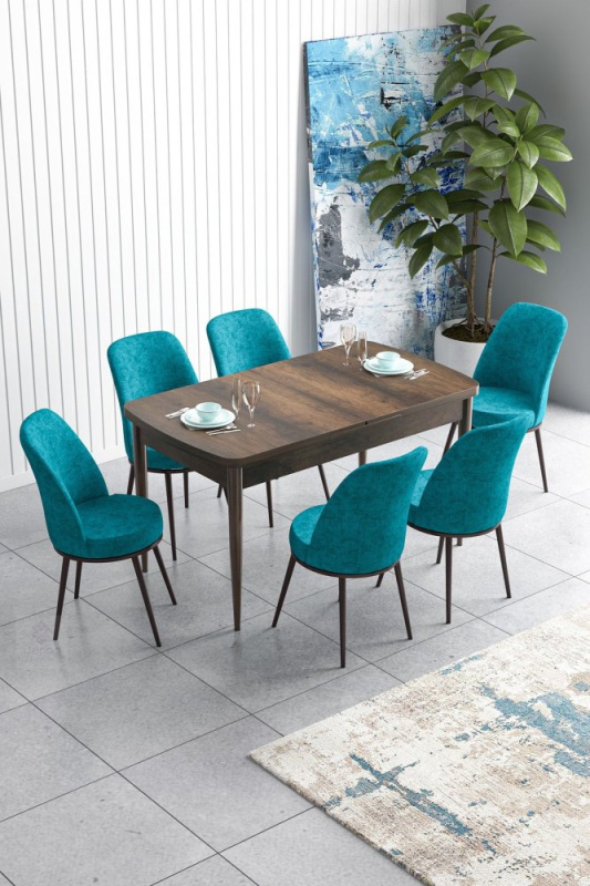 Extendable Dining Table & Chairs Set (7 Pieces) Han - Baroque, Turquoise