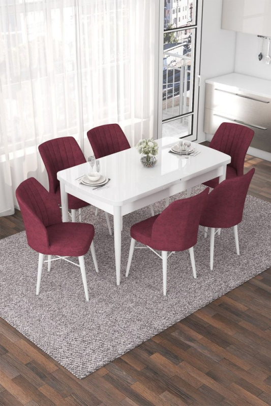 Extendable Dining Table & Chairs Set (7 Pieces) Nef - White, Burgundy