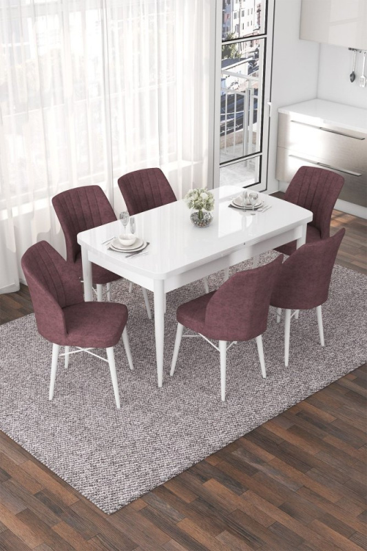 Extendable Dining Table & Chairs Set (7 Pieces) Nef - White, Dusty Rose