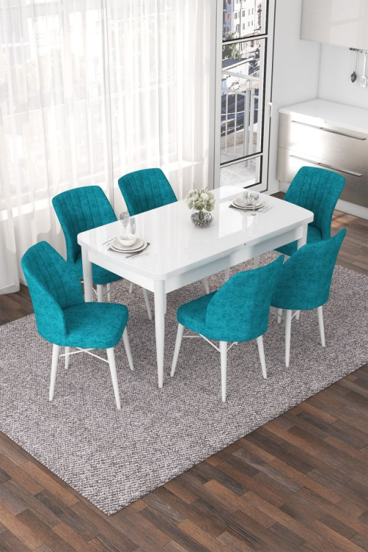 Extendable Dining Table & Chairs Set (7 Pieces) Nef - White, Turquoise