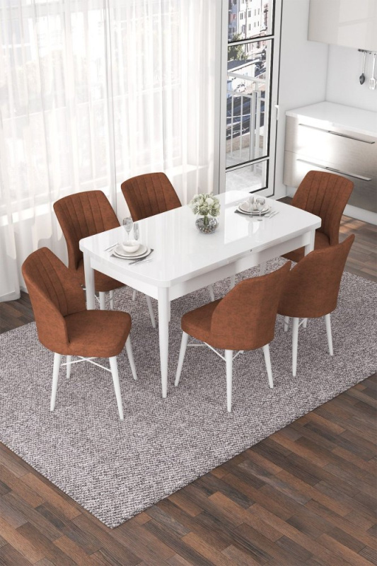 Extendable Dining Table & Chairs Set (7 Pieces) Nef - White, Tile Red