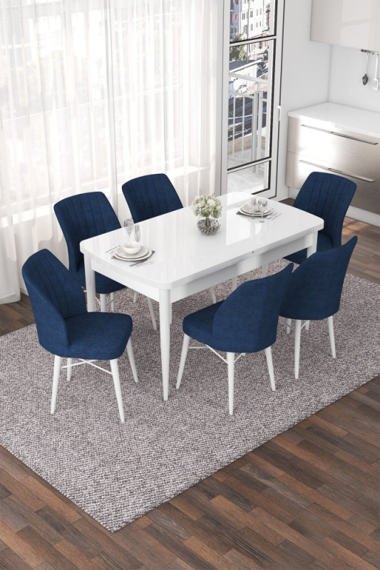 Extendable Dining Table & Chairs Set (7 Pieces) Nef - White, Navy Blue