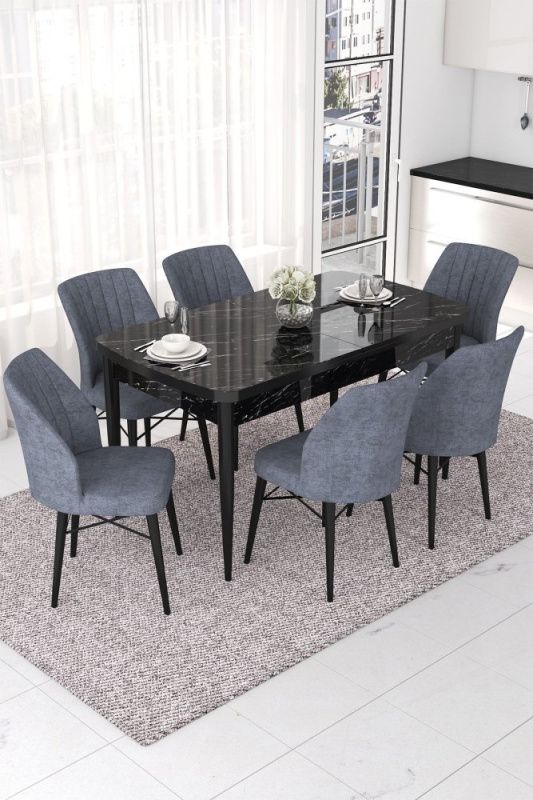 Extendable Dining Table & Chairs Set (7 Pieces) Nef - Black Marble, Fume