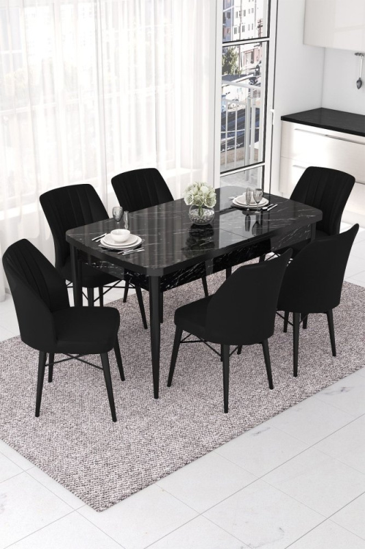 Extendable Dining Table & Chairs Set (7 Pieces) Nef - Black Marble, Black