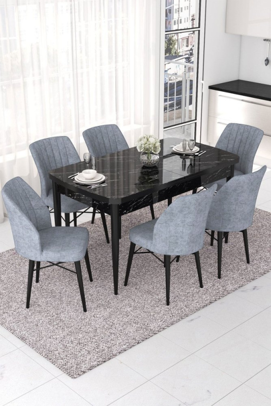 Extendable Dining Table & Chairs Set (7 Pieces) Nef - Black Marble, Grey