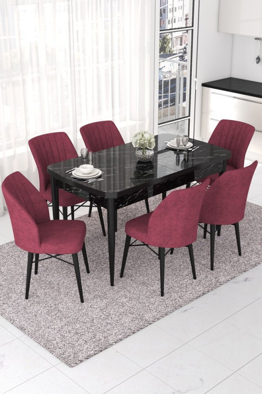 Extendable Dining Table & Chairs Set (7 Pieces) Nef - Black Marble, Burgundy
