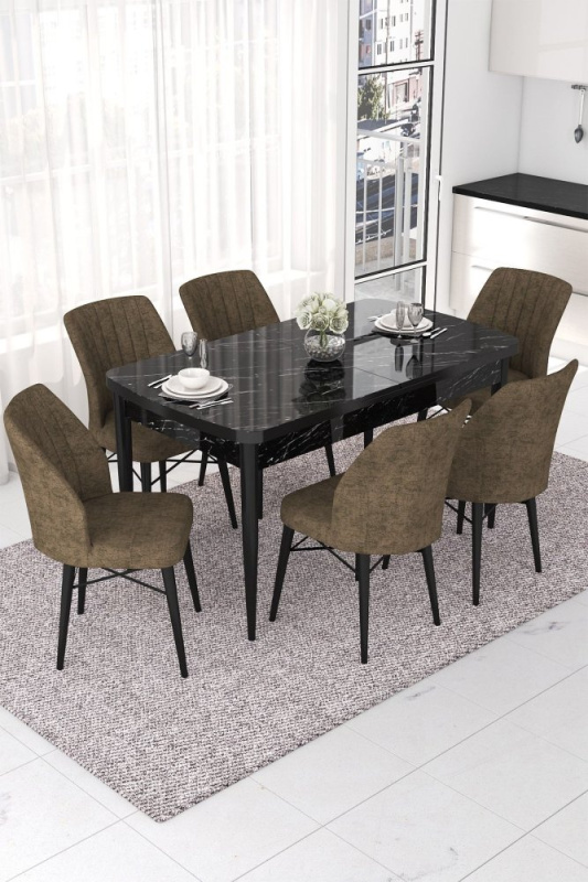 Extendable Dining Table & Chairs Set (7 Pieces) Nef - Black Marble, Brown