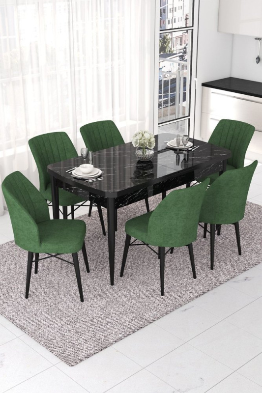 Extendable Dining Table & Chairs Set (7 Pieces) Nef - Black Marble, Khaki