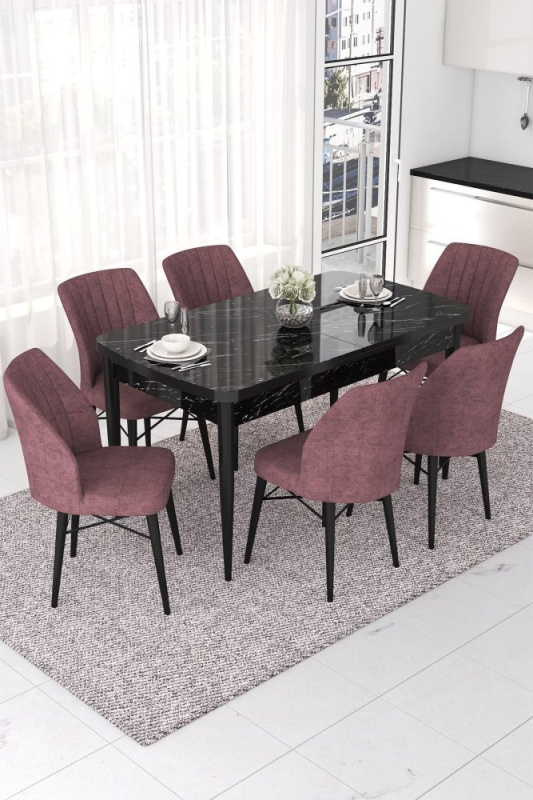 Extendable Dining Table & Chairs Set (7 Pieces) Nef - Black Marble, Dusty Rose