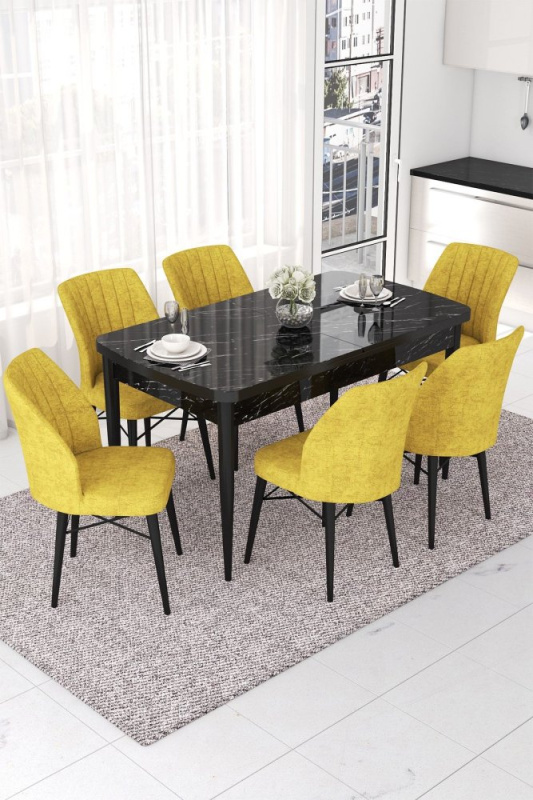 Extendable Dining Table & Chairs Set (7 Pieces) Nef - Black Marble, Mustard