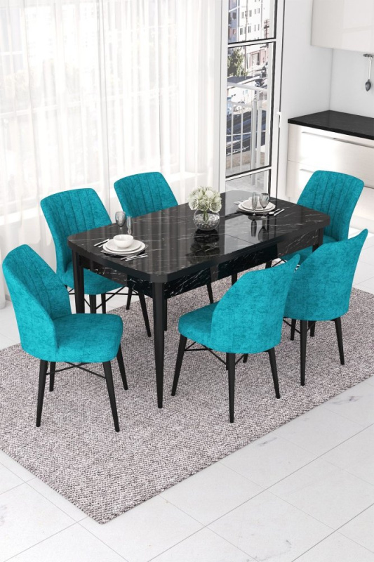 Extendable Dining Table & Chairs Set (7 Pieces) Nef - Black Marble, Turquoise
