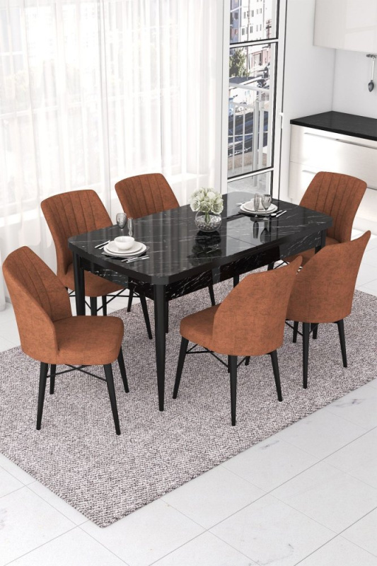 Extendable Dining Table & Chairs Set (7 Pieces) Nef - Black Marble, Tile Red
