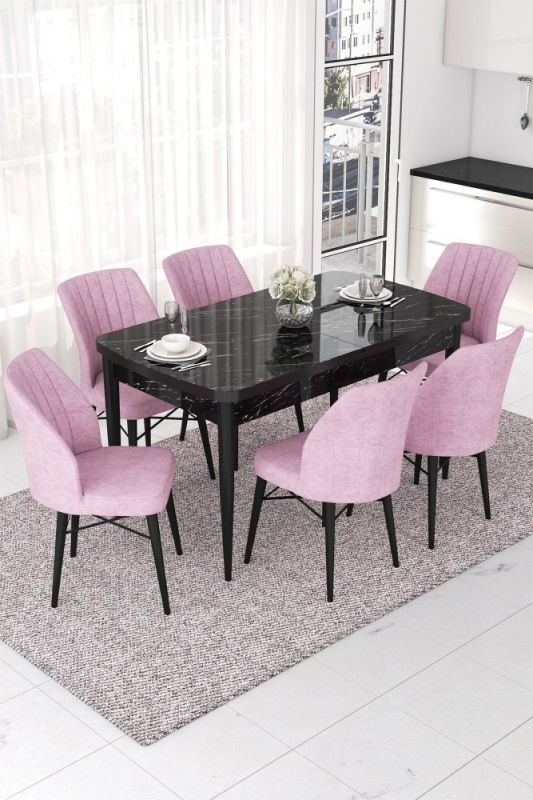 Extendable Dining Table & Chairs Set (7 Pieces) Nef - Black Marble, Pink