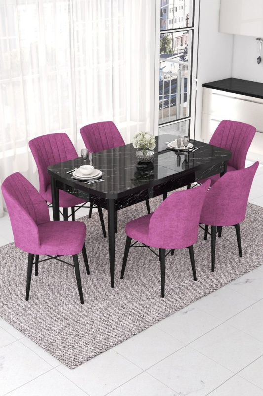 Extendable Dining Table & Chairs Set (7 Pieces) Nef - Black Marble, Purple