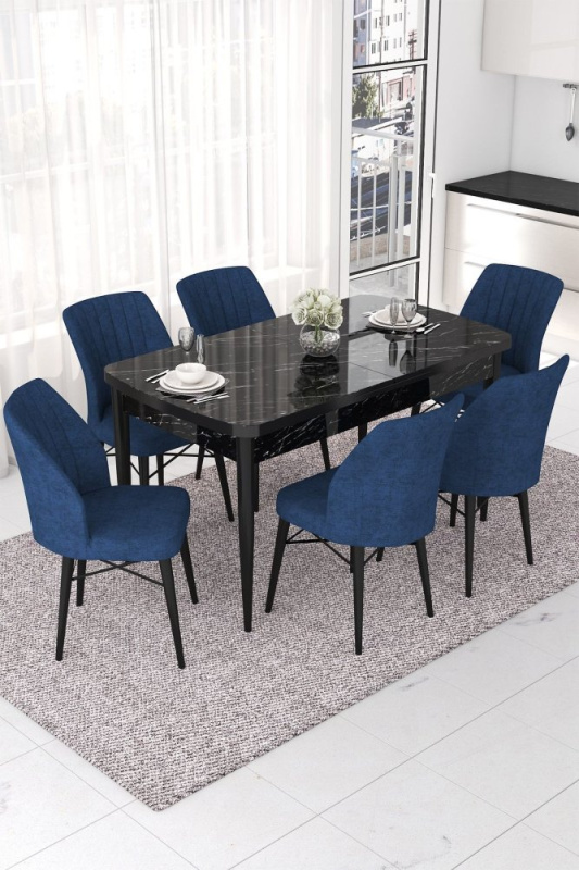 Extendable Dining Table & Chairs Set (7 Pieces) Nef - Black Marble, Navy Blue