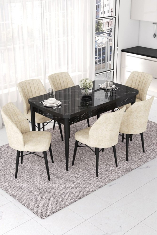 Extendable Dining Table & Chairs Set (7 Pieces) Nef - Black Marble, Cream
