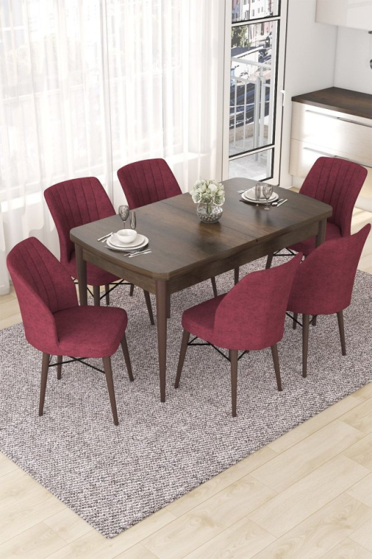 Extendable Dining Table & Chairs Set (7 Pieces) Nef - Baroque, Burgundy