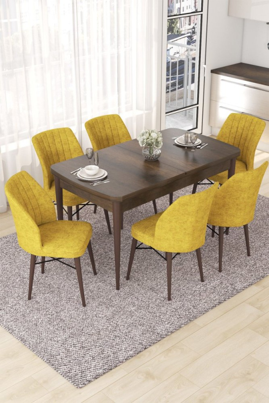 Extendable Dining Table & Chairs Set (7 Pieces) Nef - Baroque, Mustard