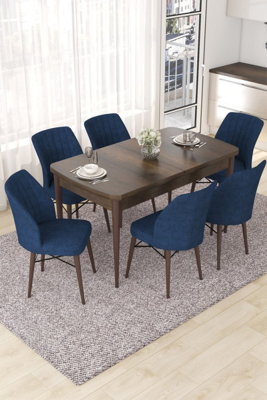 Extendable Dining Table & Chairs Set (7 Pieces) Nef - Baroque, Navy Blue