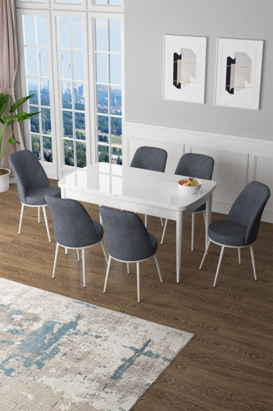 Extendable Dining Table & Chairs Set (7 Pieces) Zen - White, Fume