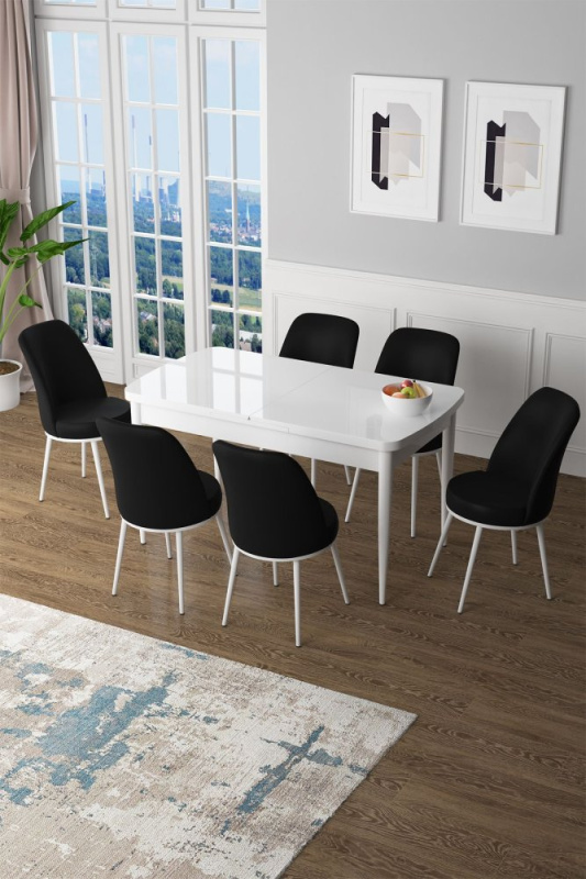 Extendable Dining Table & Chairs Set (7 Pieces) Zen - White, Black