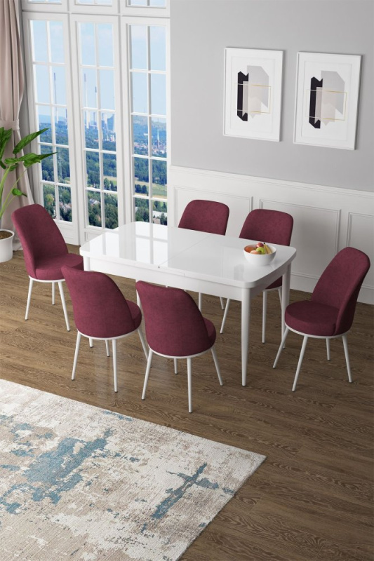 Extendable Dining Table & Chairs Set (7 Pieces) Zen - White, Burgundy