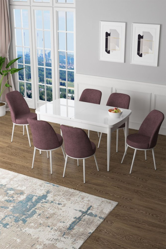 Extendable Dining Table & Chairs Set (7 Pieces) Zen - White, Dusty Rose