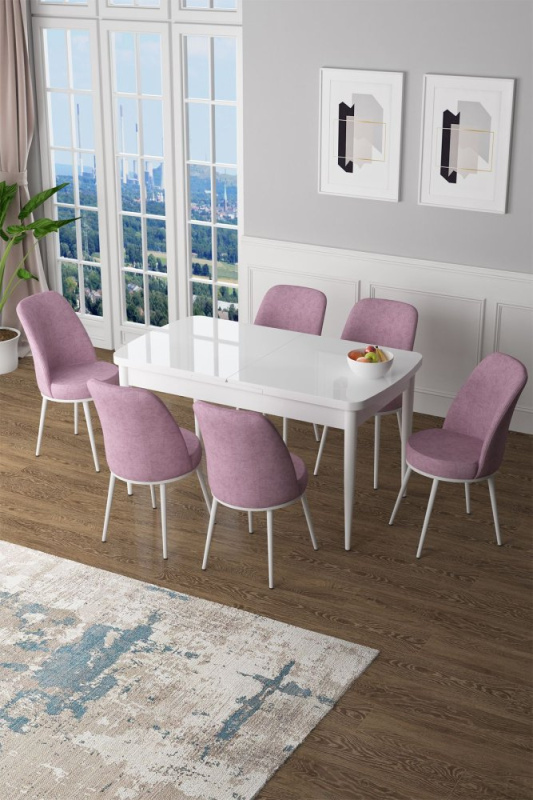 Extendable Dining Table & Chairs Set (7 Pieces) Zen - White, Pink