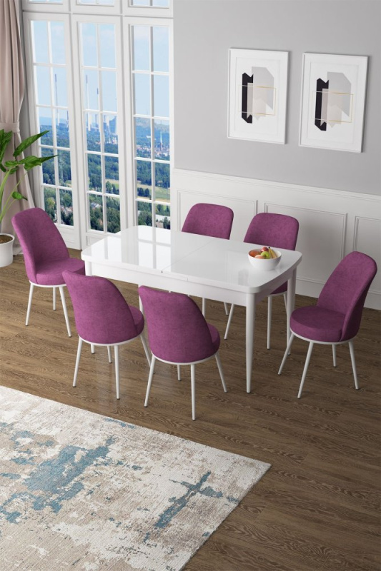 Extendable Dining Table & Chairs Set (7 Pieces) Zen - White, Purple