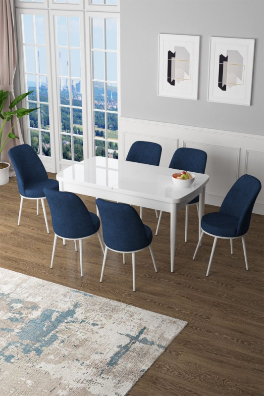 Extendable Dining Table & Chairs Set (7 Pieces) Zen - White, Navy Blue