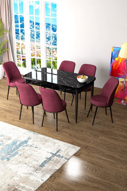 Extendable Dining Table & Chairs Set (7 Pieces) Zen - Black Marble, Burgundy